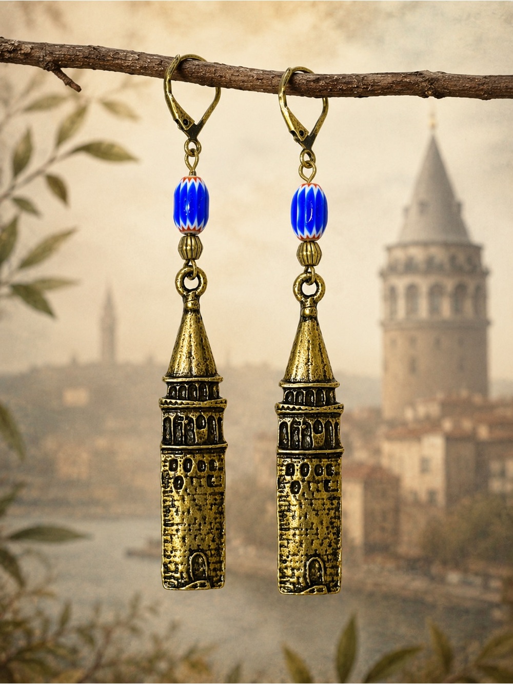 Galata Tower Earrings Blue Glass Antique Brass Premium Leverbacks MTO